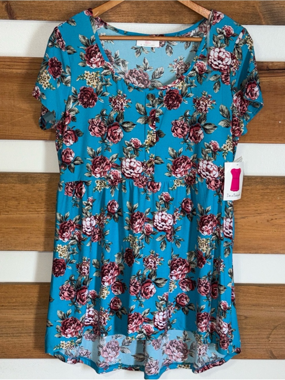 NWT Bobbie Brooks Ladies Babydoll Floral Tunic Short Sleeve Button Accents Large